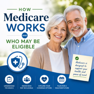 Happy senior couple with text about how Medicare works and who may be eligible