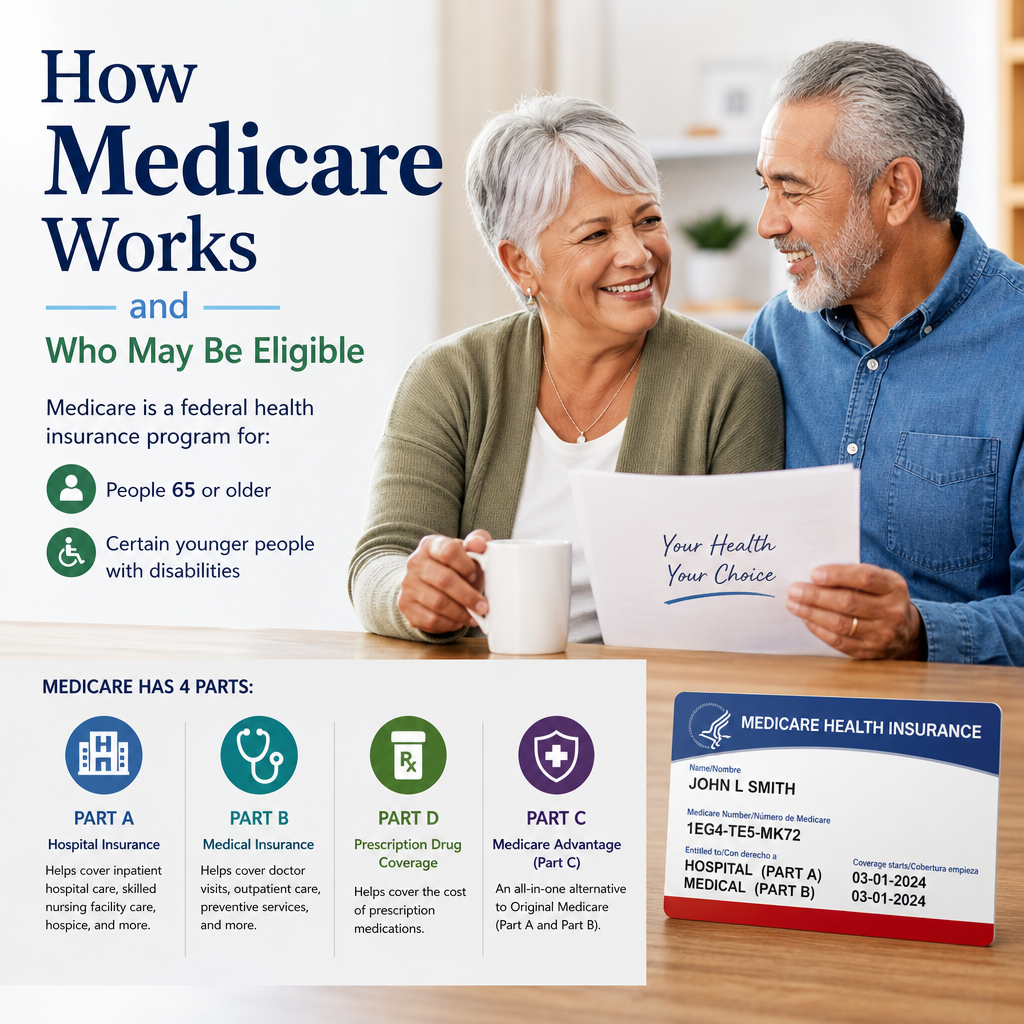 Illustration of Medicare parts and eligibility for seniors and disabled adults