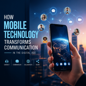 People using mobile phones and devices to connect, message, and collaborate in a digital network