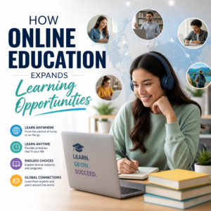 Diverse learners using online education on laptop and tablet for flexible, global learning opportunities