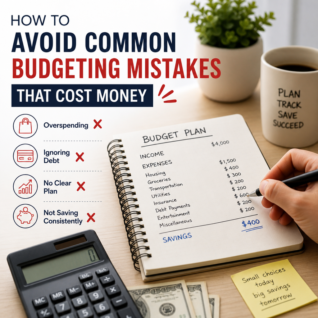 Infographic showing a budget plan and financial tools to avoid common budgeting mistakes that cost money