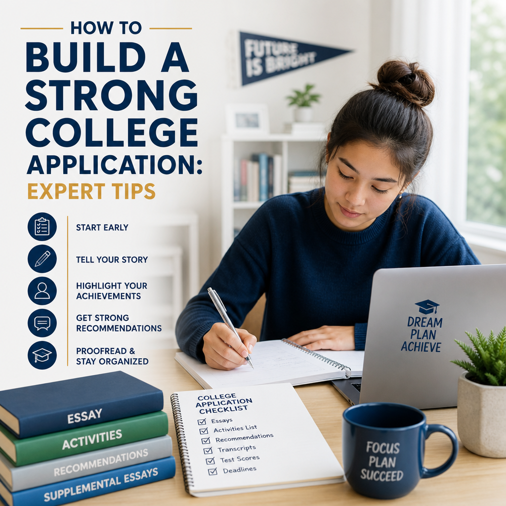 Young woman studying college application tips with laptop, books, and notes