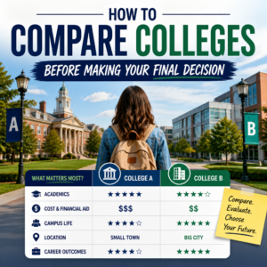 Side-by-side college comparison chart showing academics, cost, campus life, location, and career outcomes.
