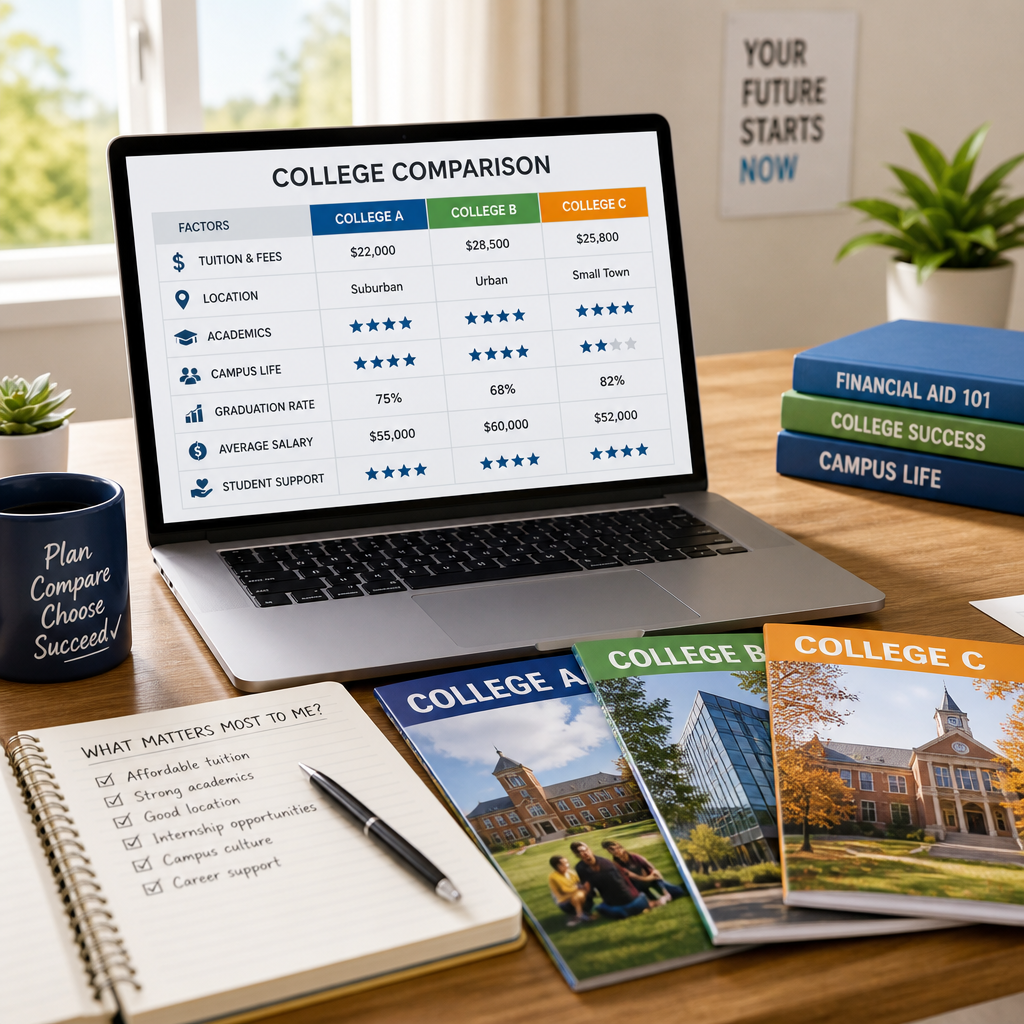 Laptop showing a college comparison chart with brochures and study materials on a wooden desk