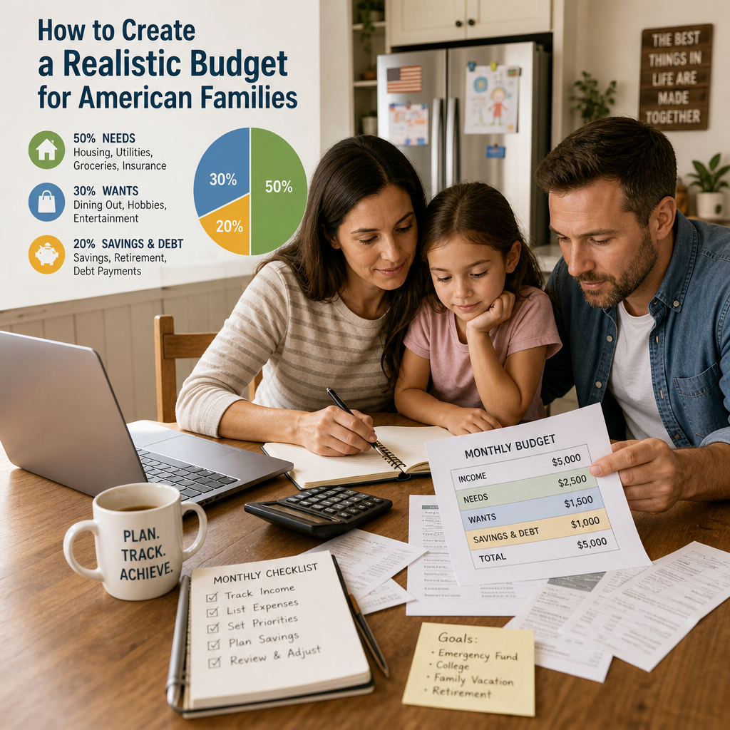 Family reviewing a monthly budget plan with expense tracking and financial goals on a kitchen table
