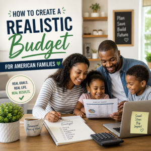 Happy African American family at home creating a realistic family budget together