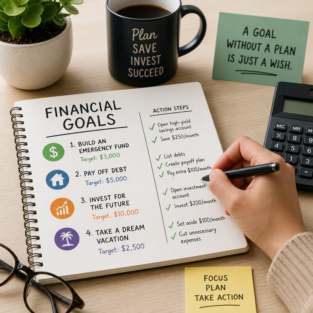 Financial planning notebook with financial goals, action steps, a calculator, and coffee mug on a wooden desk