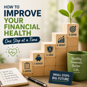 Step-by-step financial health guide showing budgeting, saving, investing, and growing money goals.