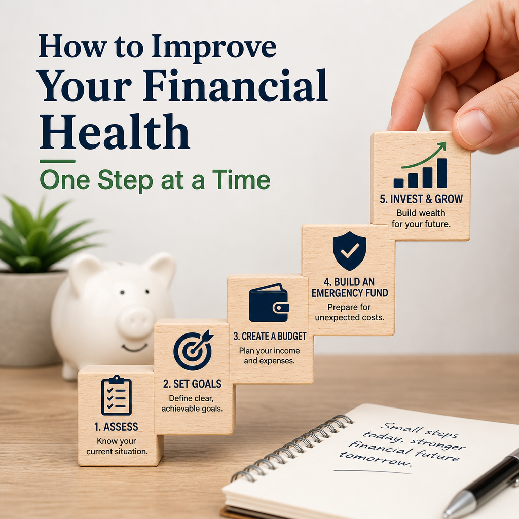 Step-by-step financial health guide with budgeting, goal setting, and emergency fund building.