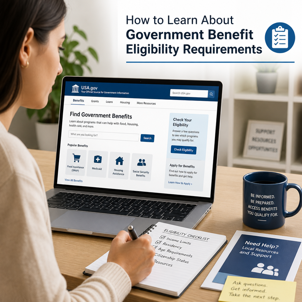 Woman researching government benefit eligibility requirements on a laptop at a desk