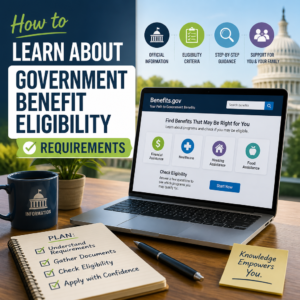 Laptop showing a government benefits eligibility website with a checklist and Capitol building background