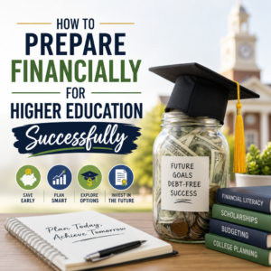 Student planning college finances with savings, budget chart, and graduation cap on desk