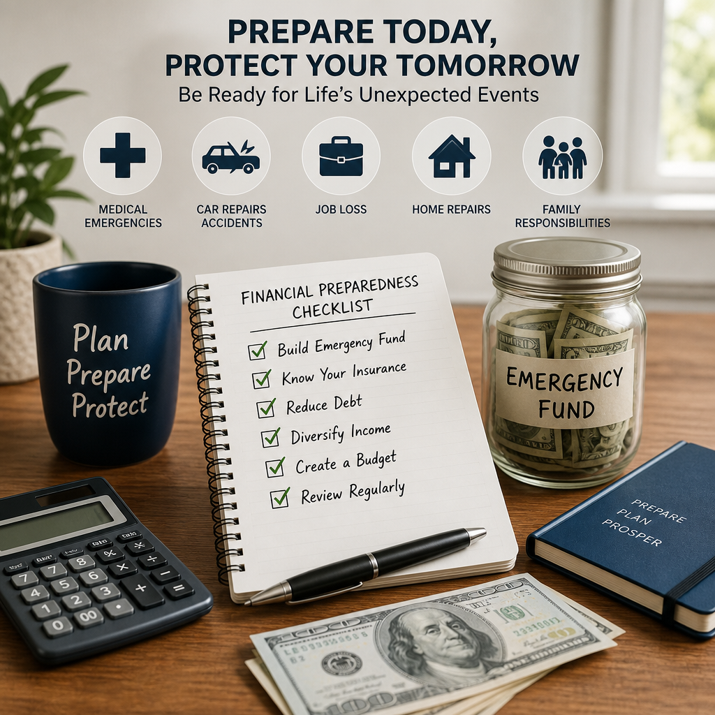 Financial preparedness checklist with emergency fund jar, calculator, and planning tools for emergencies