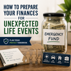 Emergency fund savings jar beside a checklist for financial planning and unexpected life events
