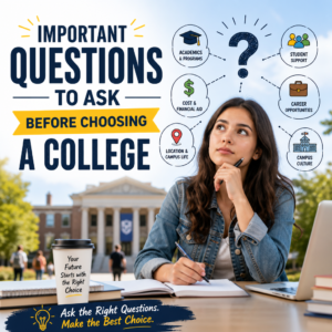 Checklist of questions to ask before choosing a college, with a student comparing schools