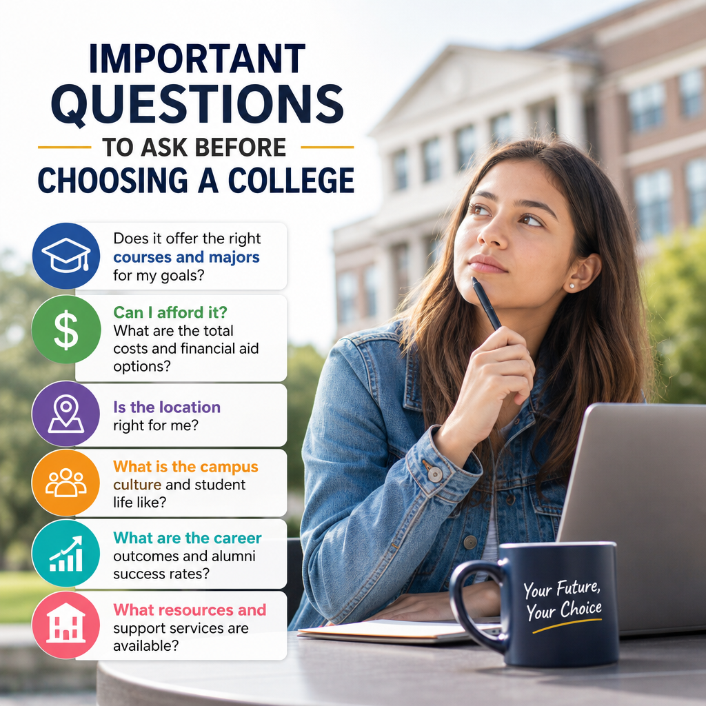 Checklist of questions to ask before choosing a college, with a student comparing school options