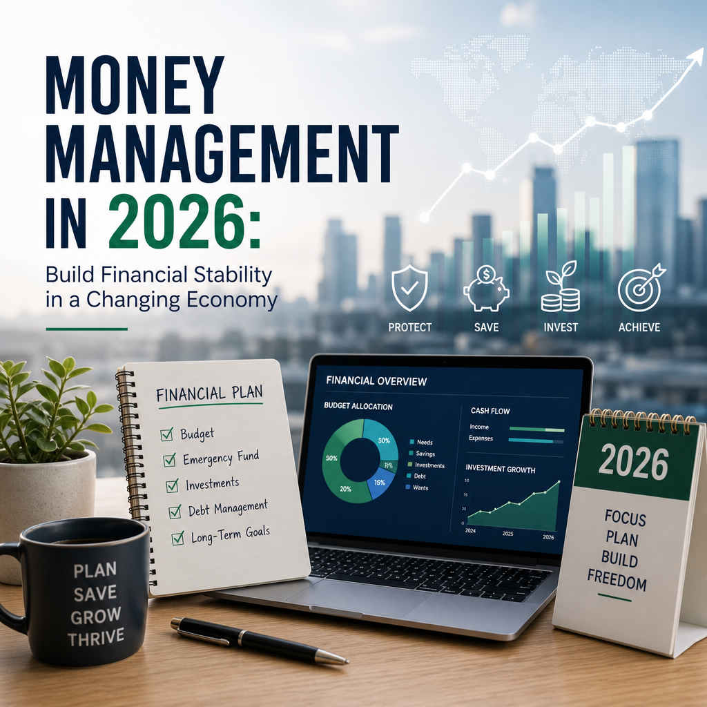 Financial planning chart with coins, calculator, and laptop for money management in 2026
