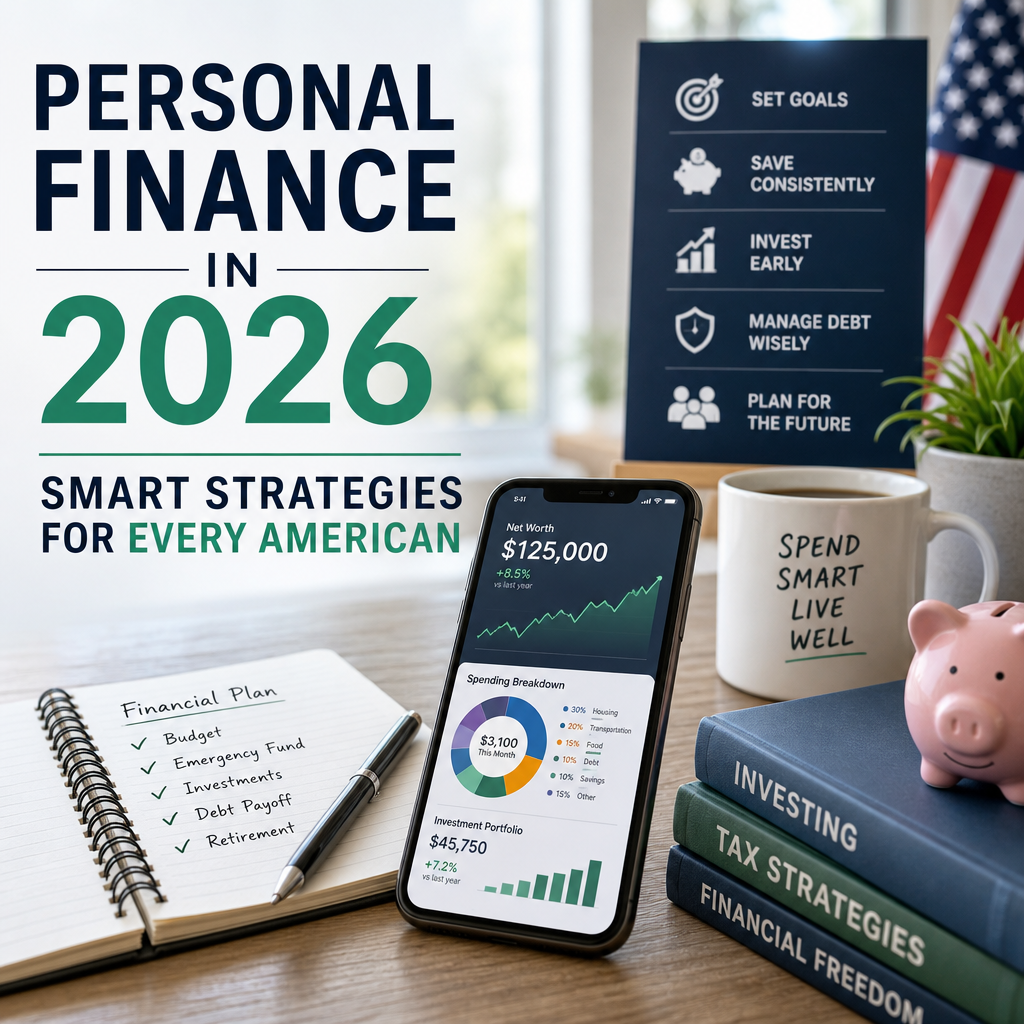 Budgeting, goal setting, investing, and debt management icons for personal finance in 2026