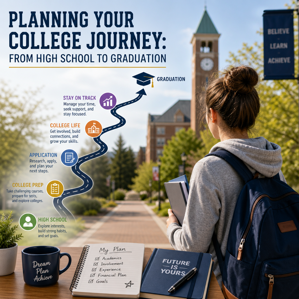 Infographic showing the college journey from high school classes to applications, financial aid, and graduation.