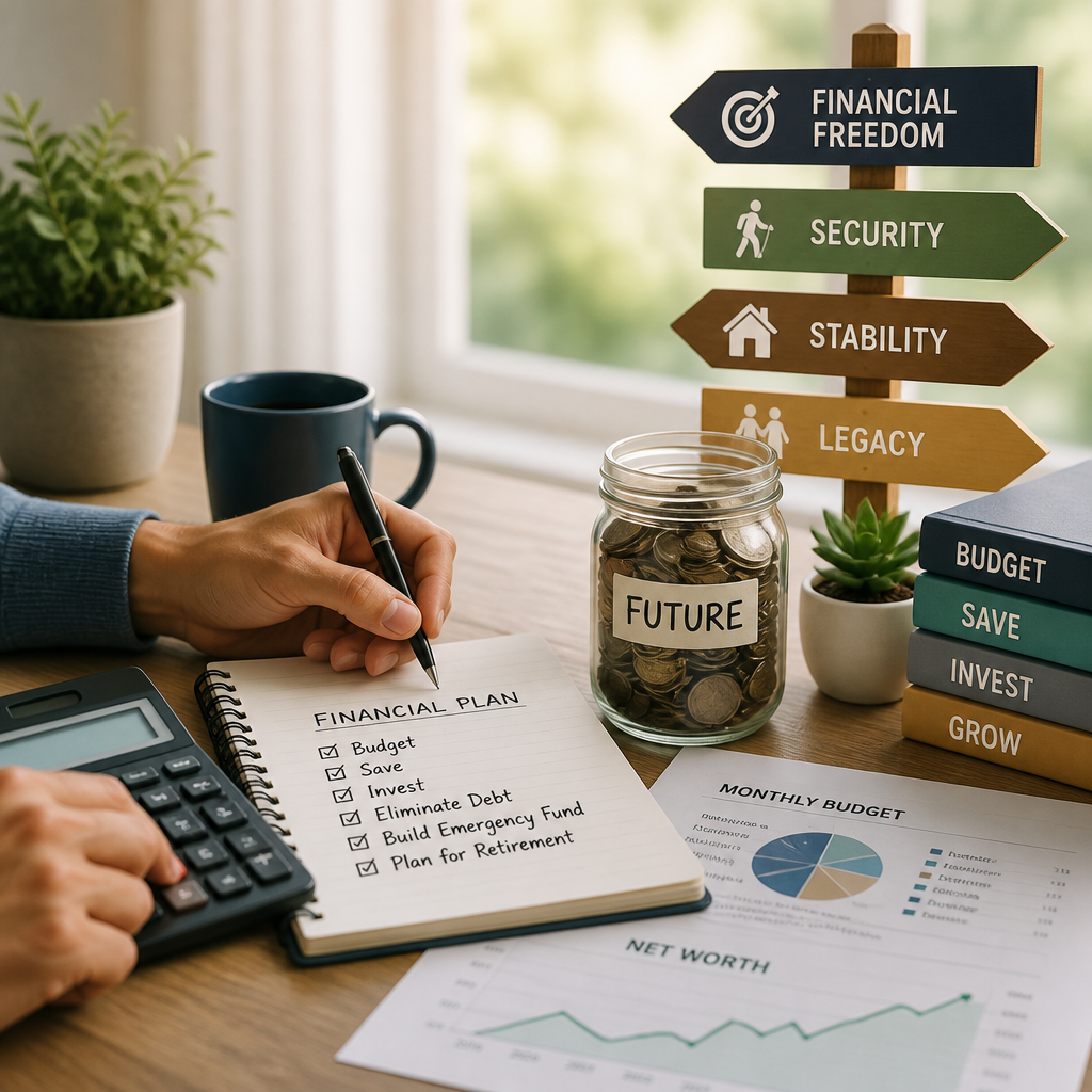 Budget notes, savings jar, and investment charts on a desk illustrating financial decisions.