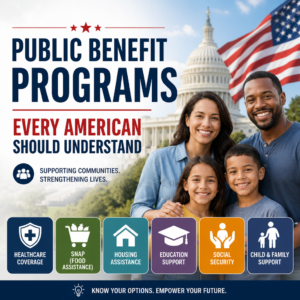 Infographic on public benefit programs: healthcare, food assistance, housing, education, Social Security, and child support