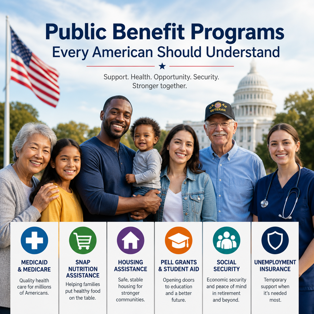 Diverse smiling people representing public benefit programs like Medicaid, SNAP, housing, Pell grants, Social Security, and u