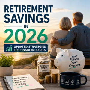 Retirement savings strategy for 2026 with financial planning and future freedom icons