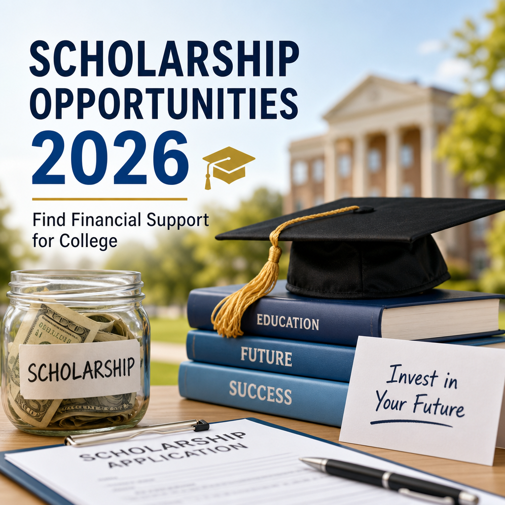 Graduate holding scholarship award letter beside laptop and stacked books, symbolizing college financial support in 2026