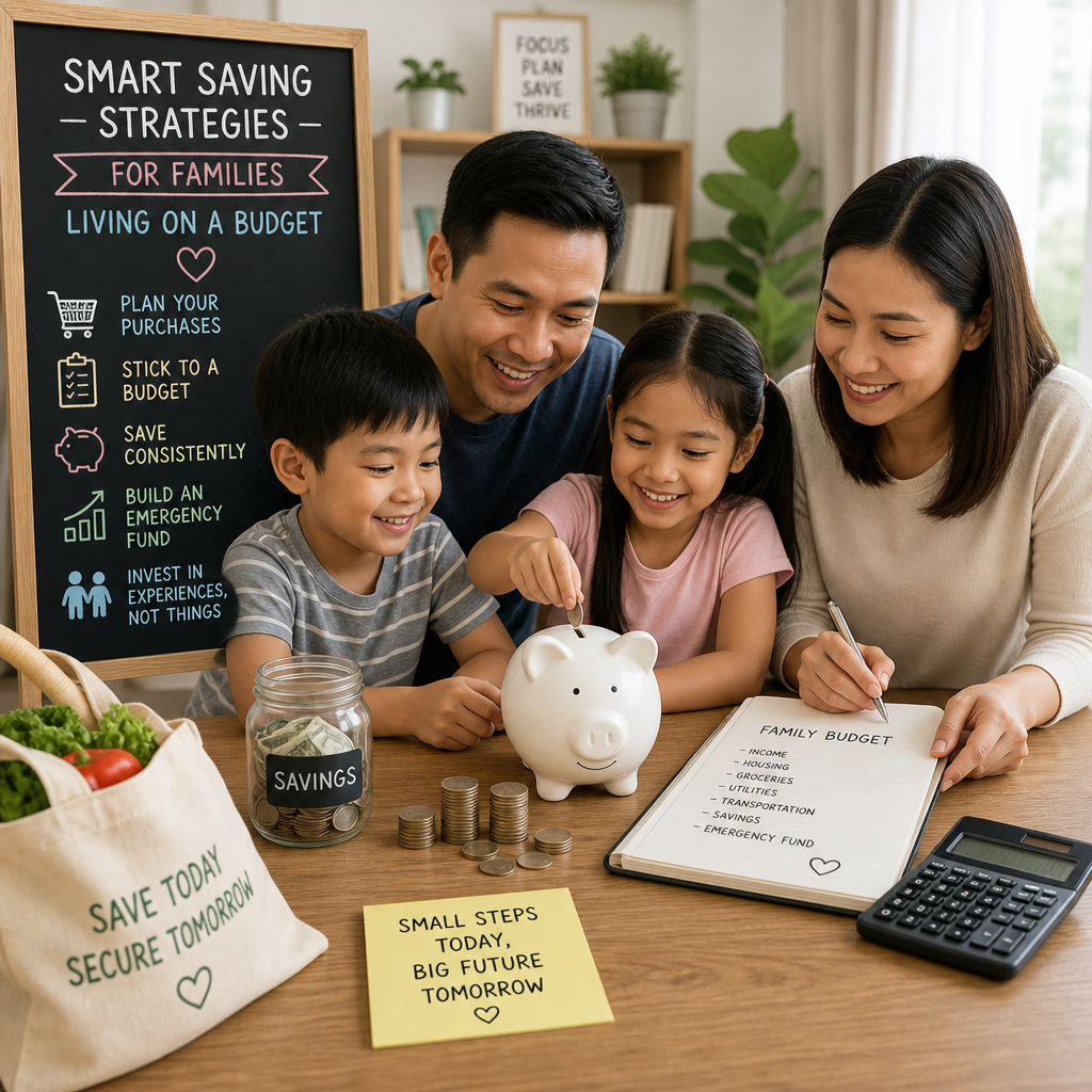 Happy family reviewing a family budget and financial planning at home