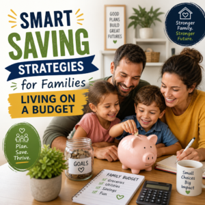 Happy family budgeting with a piggy bank at home to save money on a family budget