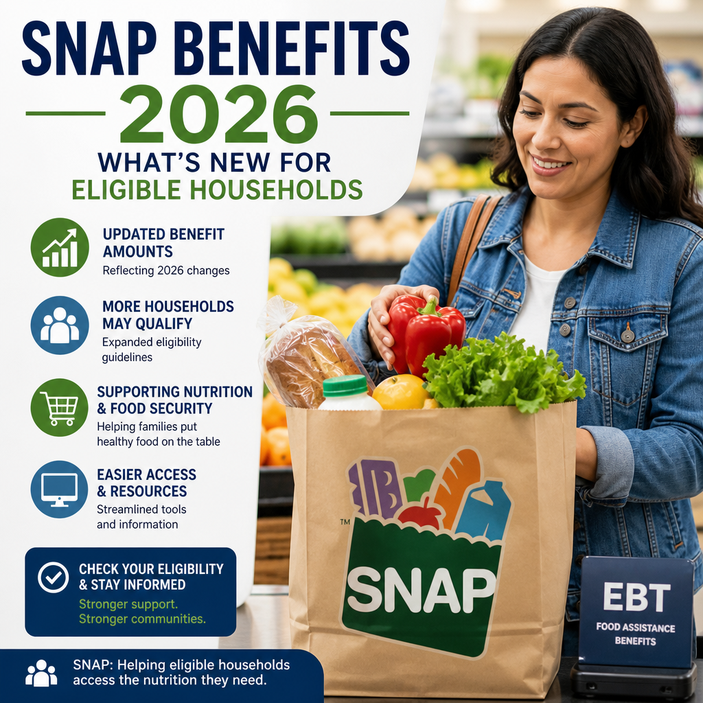 Illustration of SNAP benefits 2026 updates for eligible households, including higher amounts and easier access