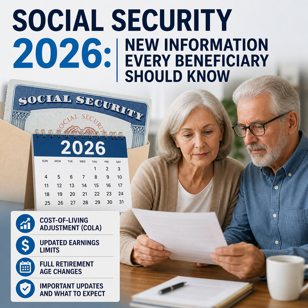Senior couple reviewing Social Security 2026 updates on cost-of-living and retirement age changes