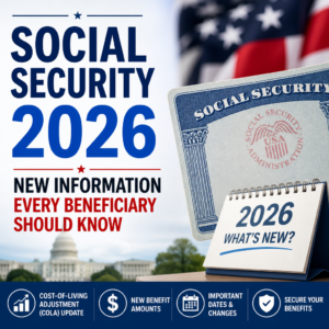Social Security 2026 updates with COLA, benefit amounts, key dates, and security tips displayed on a screen