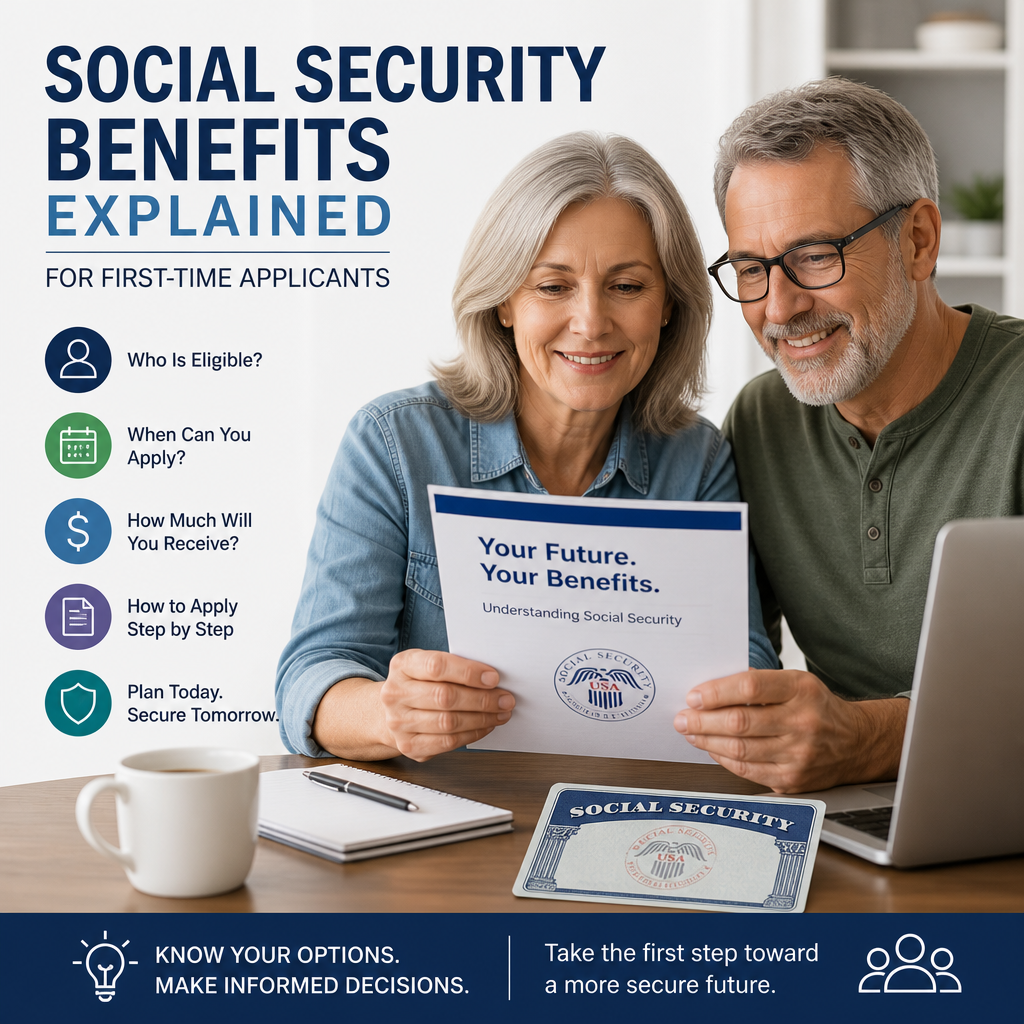 Happy senior couple reviewing Social Security benefits information for first-time applicants