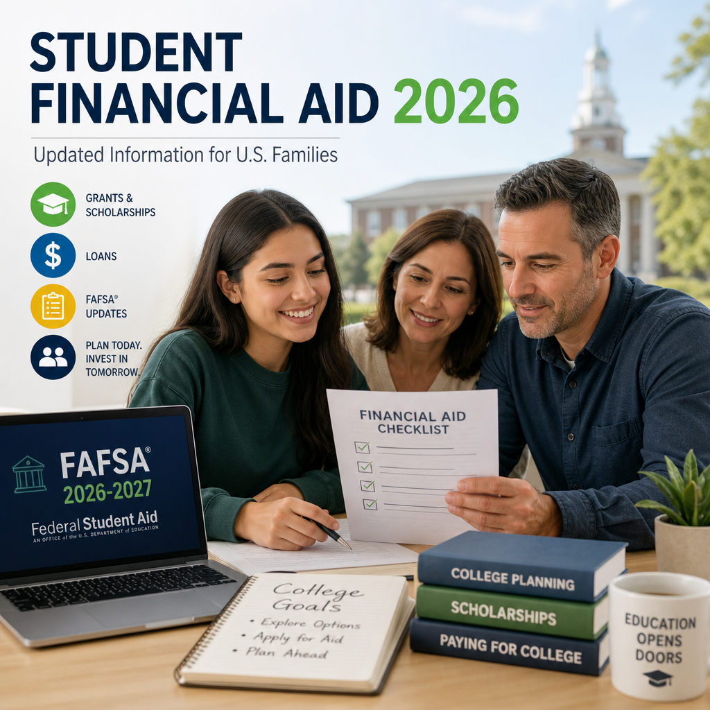 Family reviewing FAFSA and student financial aid options for 2026 college planning
