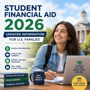 U.S. family reviewing 2026 student financial aid updates, FAFSA changes, grants, scholarships, and loans