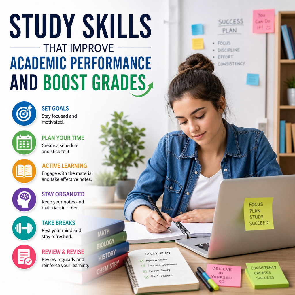 Infographic showing effective study skills to improve academic performance and boost grades