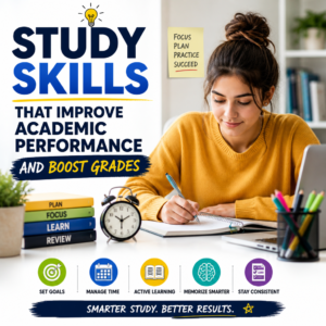 Young woman studying with books and laptop to improve academic performance and boost grades