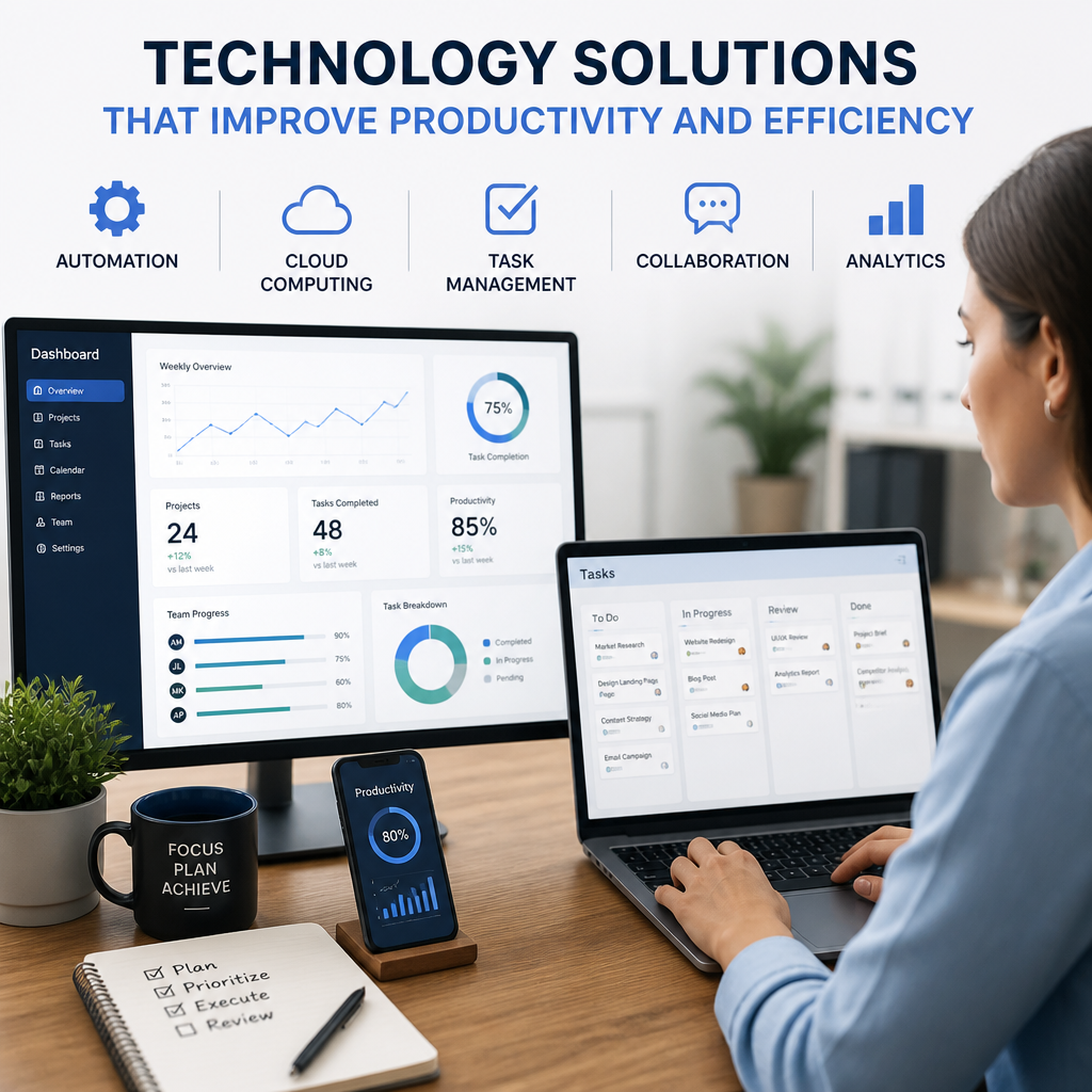 Woman using productivity tools with automation, cloud apps, task management, collaboration, and analytics.