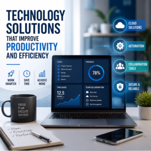 Laptop showing a productivity dashboard with cloud, automation, collaboration, and security icons.