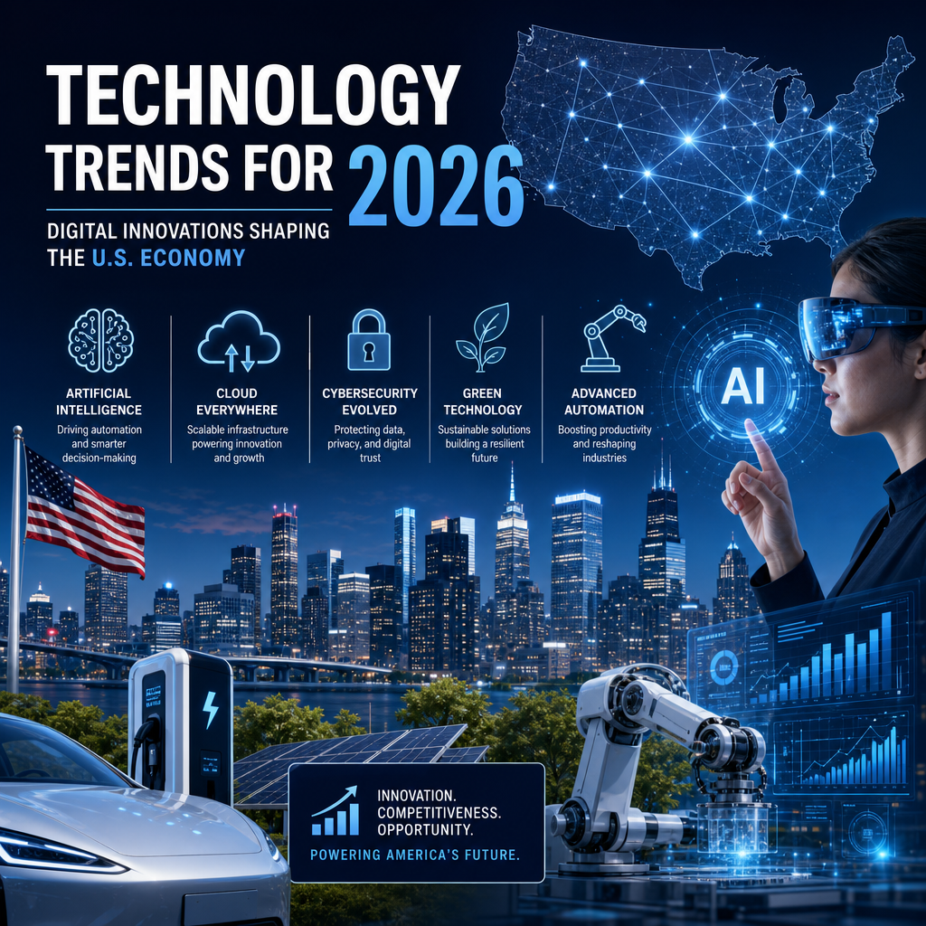 Illustration of AI, cloud, cybersecurity, green tech, robotics, and automation shaping the U.S. economy in 2026