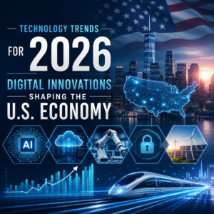 Abstract digital network with glowing AI and data icons representing technology trends for 2026