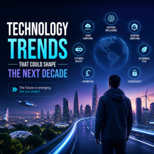 Futuristic tech icons for AI, quantum computing, and sustainable innovation shaping the next decade