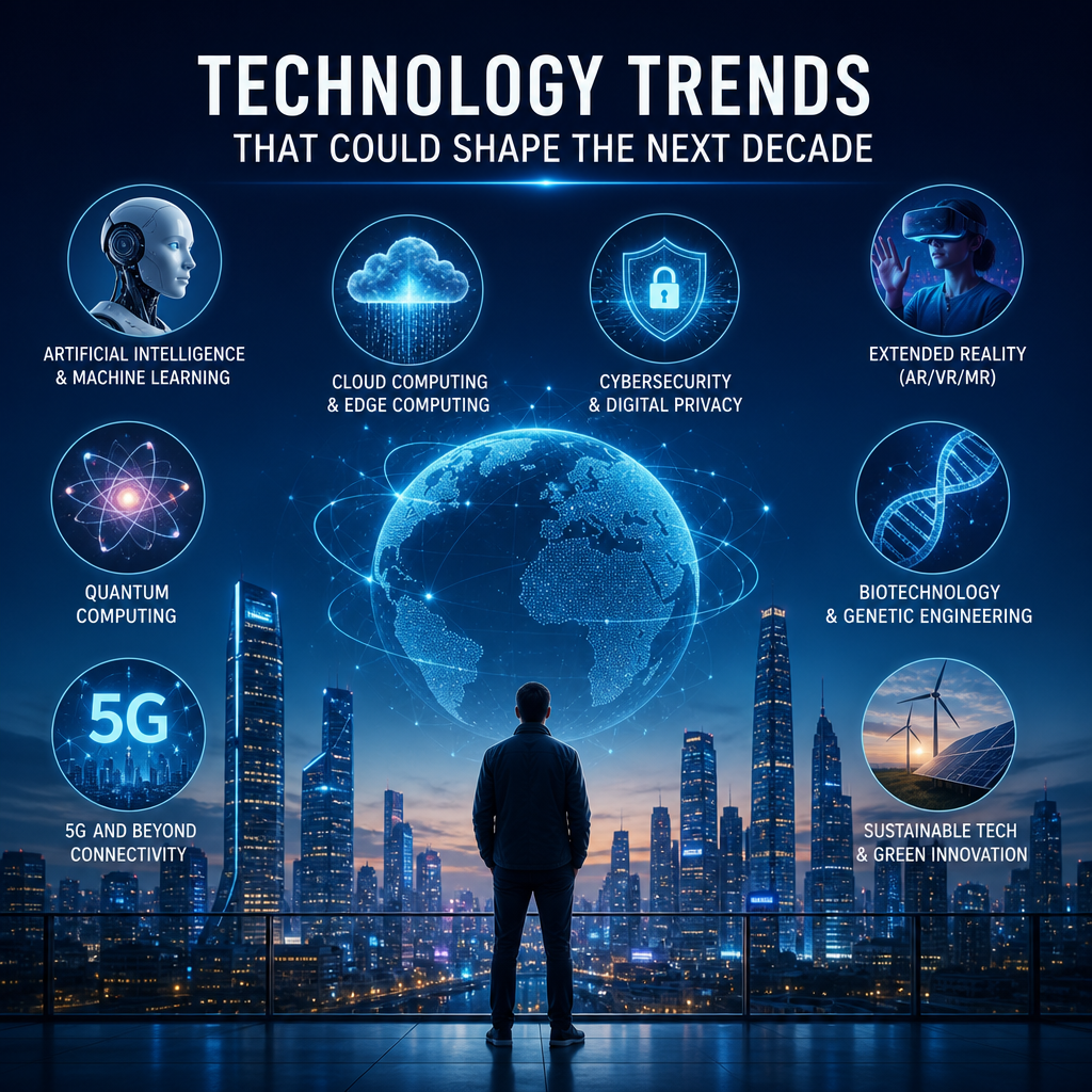 Illustration of future technology trends: AI, cloud computing, cybersecurity, 5G, quantum and green tech.
