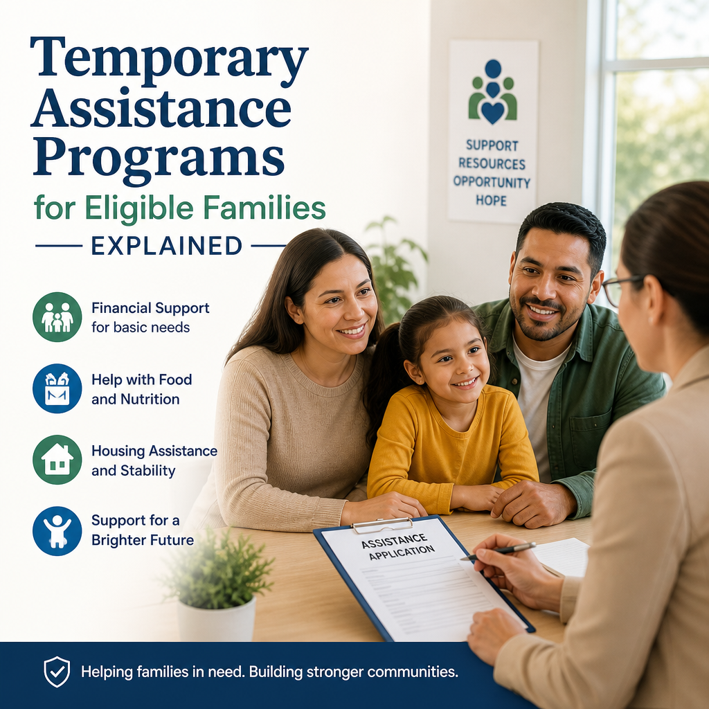 Family receiving temporary assistance with food, housing, child care, and medical support options shown on screen