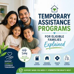 Happy family with icons for food, housing, health care, and family support for temporary assistance programs