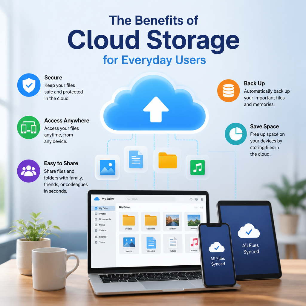 Infographic showing cloud storage benefits: secure access, backup, sharing, and device space savings for everyday users