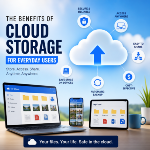 Illustration of cloud storage benefits: devices syncing files, backup, sharing, and free space access anywhere