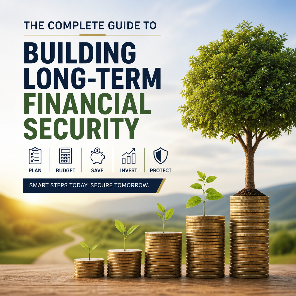Illustration of financial security planning with budgeting, saving, investing, and asset protection icons