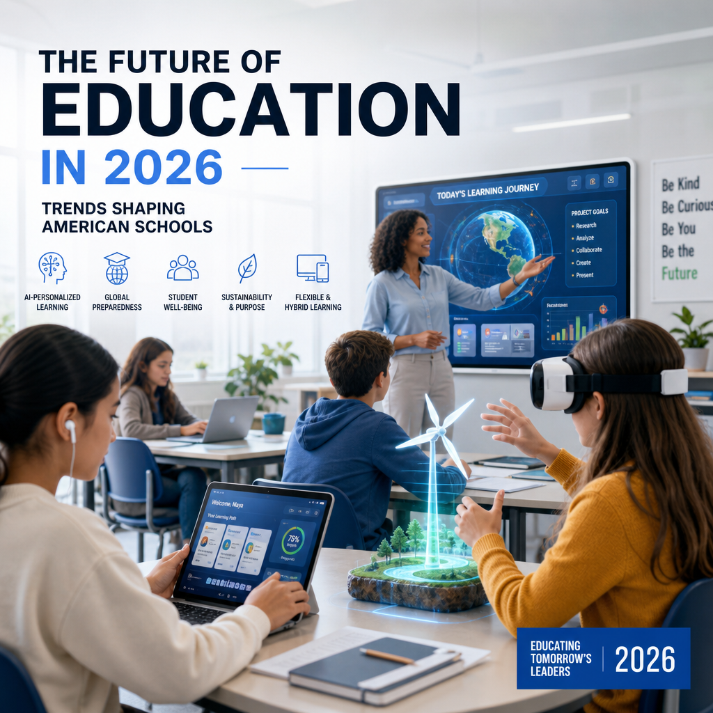 Futuristic 2026 classroom with AI tools and interactive learning technology in an American school